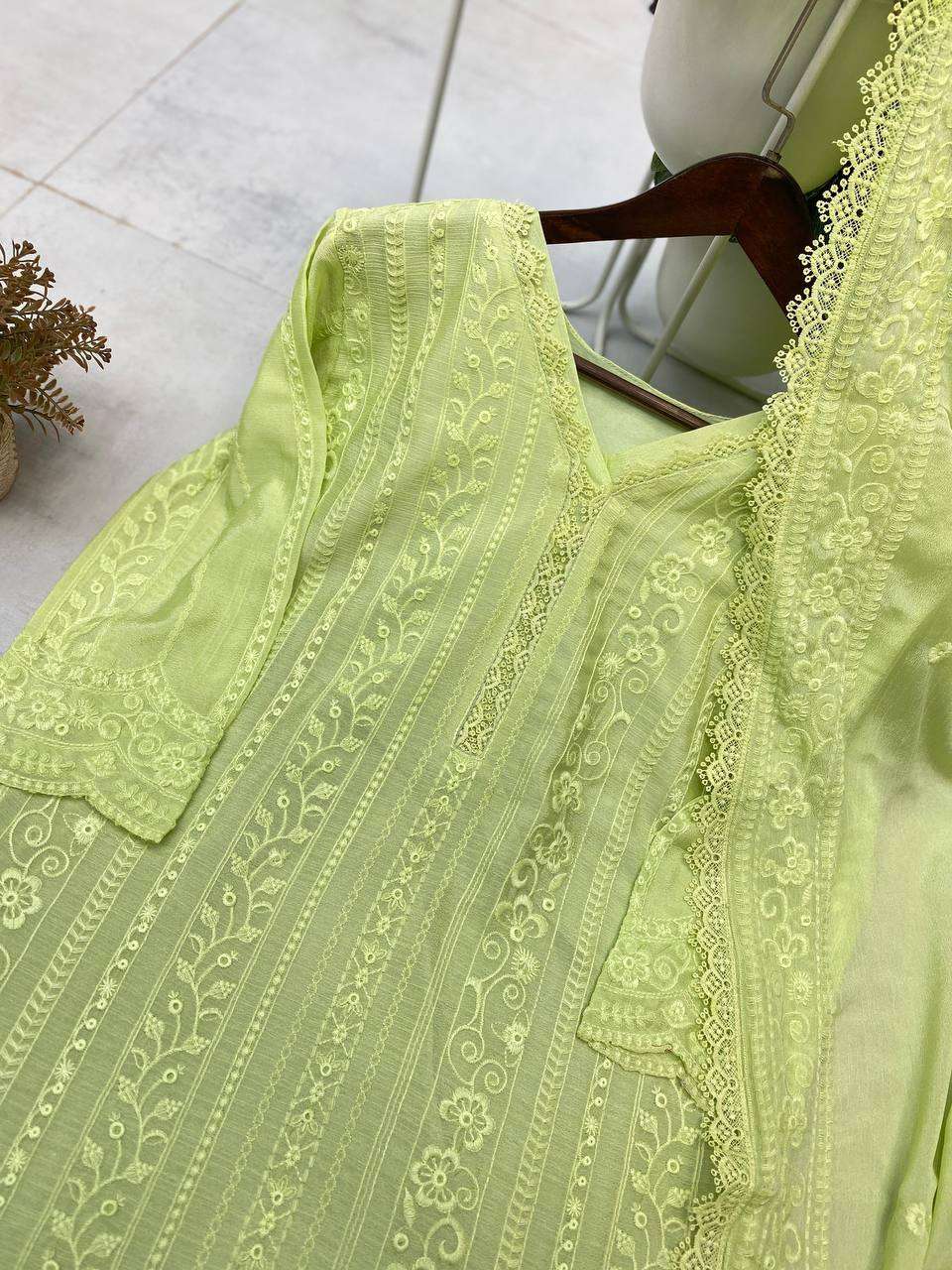 Women's Chinon Silk with Cotton Thread Embroidery Straight Kurti With Pant and Dupatta set - Image 12