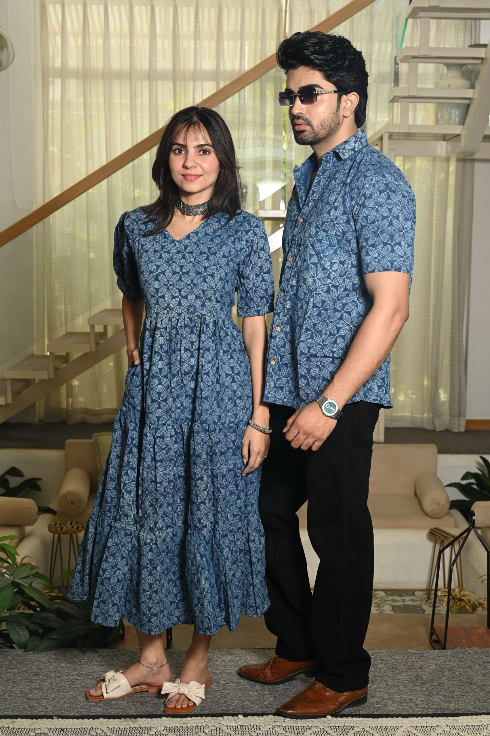 Couple Matching Blue Cotton Anarkali Midi Dress and Shirt Set ? Geometric Block Print - Image 3