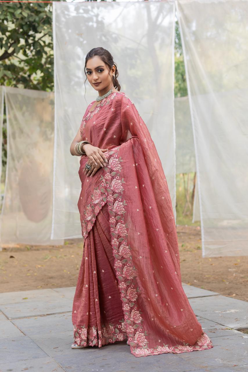 Women's Pristine White Organza Saree with Exquisite Pink & Green Floral Thread Embroidery – Complete with Matching Embroidered Blouse for Festive & Summer Wear - Image 12